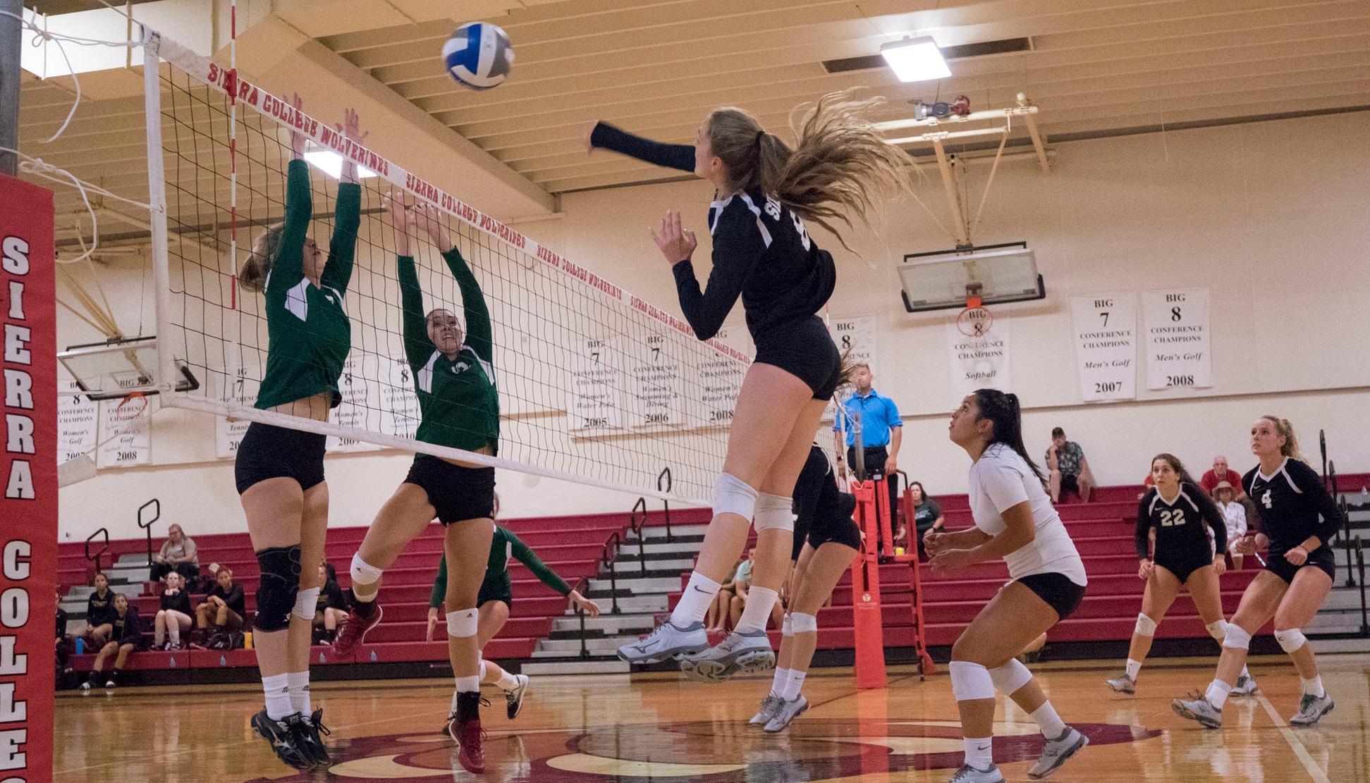 Sierra OH Madison Meteer records one of her 12 kills against Shasta College on August 29, 2018.