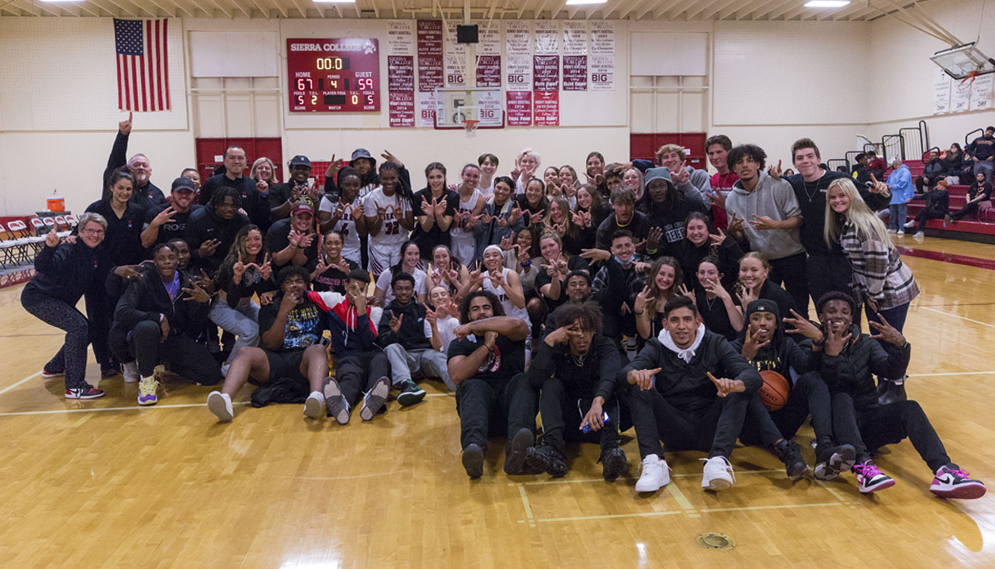 Sierra Women's Basketball team and fans celebrate after a 67-59 win over Merced that sent Sierra to the 2022 State Championship.